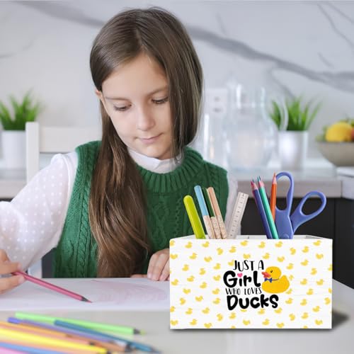 Yellow Duck Pen Holder for Desk, Gifts for Duck Lovers Pencil Organizer, Just a Girl Who Loves Ducks Wooden Box Sign Desk Decor for Home Office Decoration - color: DUCKS