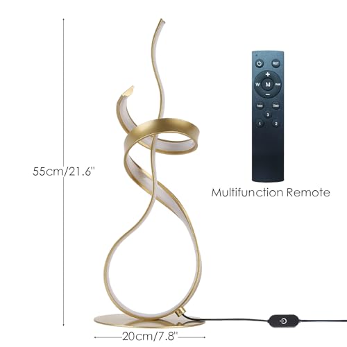 Gold Art Spiral 24W LED Table Lamp with Touch Remote Dimmer, 22" Unique Creative Stylish Smart Lamp, LED Desk Lamp for Dining Room, Bedroom, Bedside, Restaurant, Bar (Gold) - color: Gold