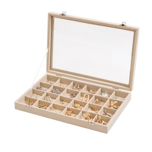 Frebeauty 24 Grid Earring Organizer,Velvet Jewelry Tray with Clear Lid - color: Beige, size: 24 Grid