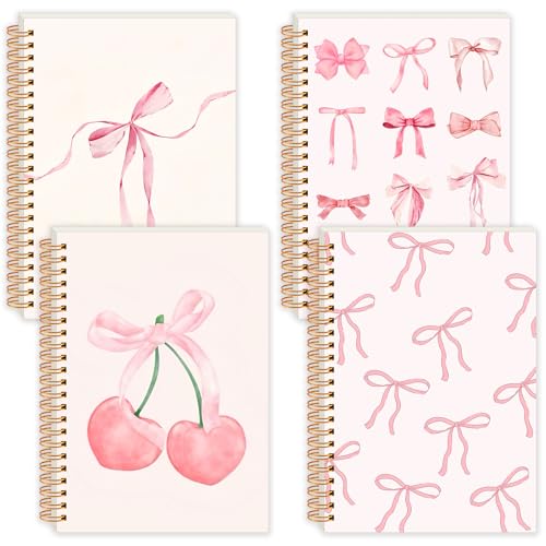 4 Pack Pink Bow Notebooks for Teen Girls & Women, Cute School Supplies, A5 - color: Pink, style: Bow Style