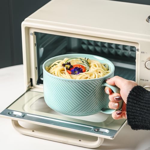 Ceramic Soup Bowl with Handle, 38 oz Microwave Safe, Mint Green - color: Mint Green