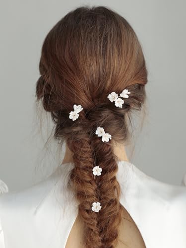 Handmade Pearl Bridal Wedding Hair Pins 6Pcs White Ceramic Flowers Gold Leaf Pearls Clips Wedding Hair Accessories for Women Brides Bridesmaid (Set-D-Gold) - color: Set-D-Gold