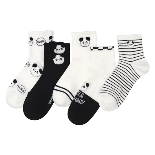 Cute Thin Crew Socks for Women Viscose Bamboo Cotton Girls Ankle Pattern Stripe Novelty Preppy Sock 5 Pairs - color: Panda/Black White