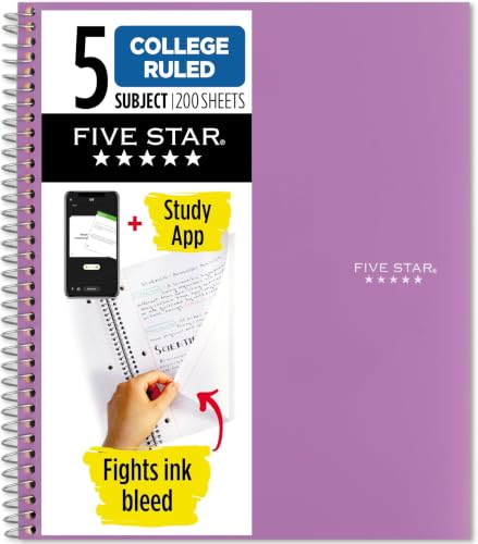 Five Star Spiral Notebook + Study App, 5 Subject, College Ruled Paper, 8-1/2" x 11", 200 Sheets, Fights Ink Bleed, Water Resistant Cover, Amethyst Purple (38748), 1 Count (Pack of 6) - color: Purple, size: 1 Count (Pack of 6)