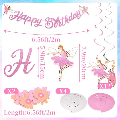 Paper Jazz Ballerina Birthday Party Decorations with Paper Flower Hanging Decoration,Happy Birthday Banner Dance Party Decorations For Room,Ballet Wall Art For Baby Shower,Garden Party - color: Pink