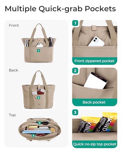 BAGSMART Tote Bag for Women, Foldable Tote Bag With Zipper Travel Shoulder Bag Handbag for Work - color: Brownstone