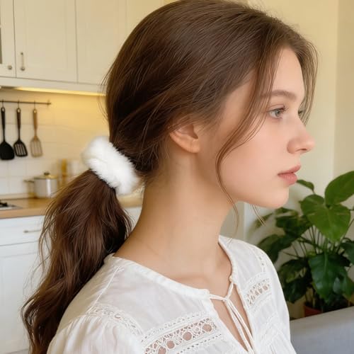 Scrunchies for Women Girls 6Pcs White Velvet Scrunchies for Thick Hair Ultra Textured Soft Scrunchy Hair Ties Kint Elastic Hair Bands Fuzzy Ponytail Holders Cute Hair Accessories Holiday Gift - color: 6PCS White