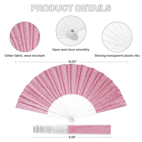 EOSAU 9" Glitter Folding Hand Fans Foldable, Clacking Fans for Women, Pink - color: 9" Pink 02