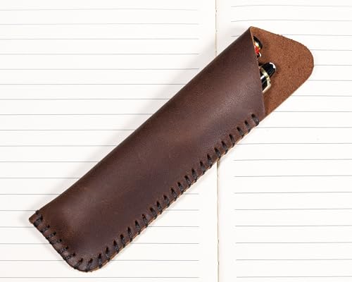 Handmade Genuine Leather Double Pen Case Fountain Pen Sleeve Holder Pouch Cover Vintage (Coffee)