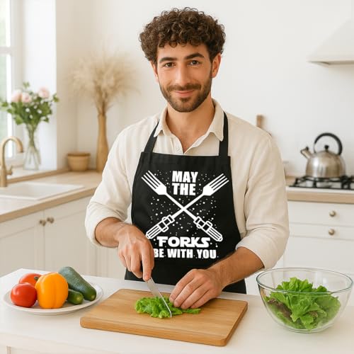 Funny Black Grill Apron with Pockets for Man,Dad,Husband,Father in Law,Chef Daddy Grilling Apron BBQ Cooking Gifts - color: May the Fork Be With You -1
