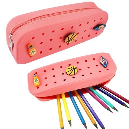 1 Pack Cute Silicone Pencil Case Pencil Pouch with DIY Holes and 3 Decoratives(Random) Travel Makeup Brush Bag suitable for travel home7.81inch (Pink) - color: Pink