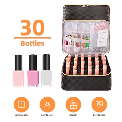 Portable Nail Polish Organizer Bag with UV Light Case - Holds 30 Bottles and 1 UV Nail Lamp, Double-Layers Nail Dryer Case for Gel Nail Polish Kit, Nail Art Decorations（Checkered Black） - color: Black-Lattice