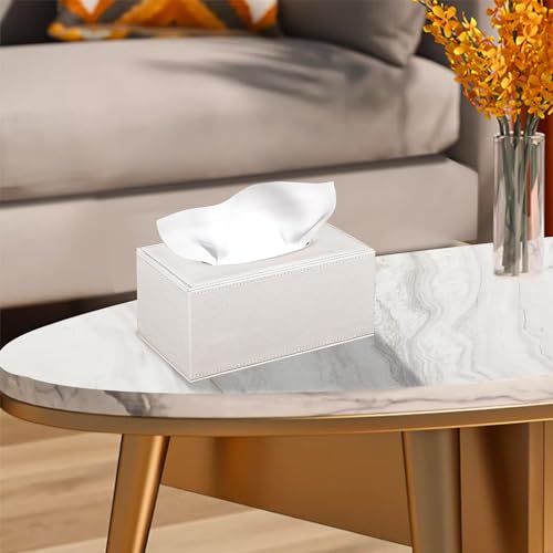 Linen Tissue Box Cover Rectangle,Aesthetic Facial Tissue Cube Box Holder - color: Cream