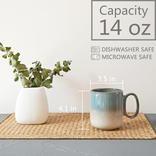 Bosmarlin Ceramic Coffee Mug Set of 4, 14 Oz, Coffee Cups with Big Handle, Microwave Safe, Unique Reactive Glaze (Teal) - color: Teal