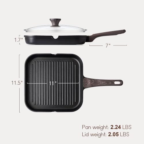 SENSARTE Nonstick Grill Pan with Lid, Grill Pan for Stove Tops, Versatile Griddle with Pour Spouts, Square Big Cooking Surface, Durable Skillet Indoor & Outdoor Grilling. PFOA Free, 11 Inch - color: Classic Black, size: 11 Inch