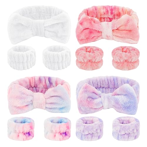 CIEHER 12 PCS Makeup Headband for Women Wrist Washband Scrunchies Cuffs for Washing Face, Soft Bow Hair Band Matching Wristbands, Colorful & White DIY Spa Headband Coral Fleece - color: Colorful, White