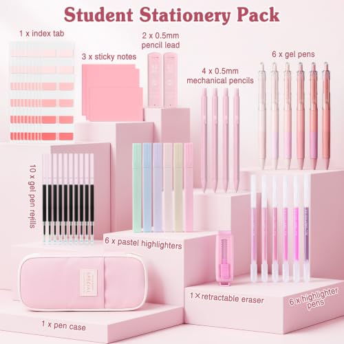 MoKo Pencil Case with Supplies, 49Pcs Aesthetic School Set, Pink - color: Pink-49P