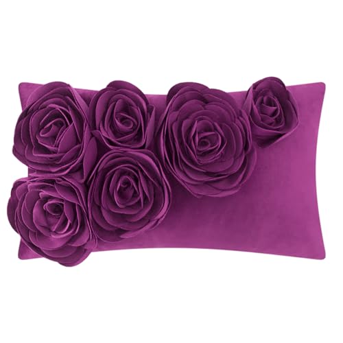 JWH 3D Flower Throw Pillow Cover, Purple Red, 12x20 Inch - color: Purple Red