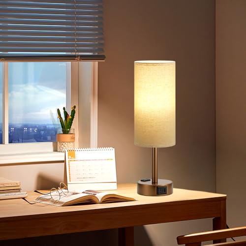 Fenmzee Brown Bedside Lamp for Bedroom, Dimmable Touch, USB A+C, AC Outlet - color: Beige - Brown, size: 14"