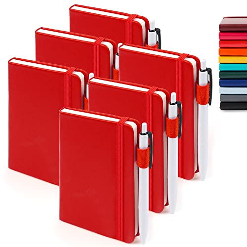 feela 6 Pack Pocket Mini Notebooks Bulk, Small Cute Memo Notepads Hardcover College Ruled Lined Journals with Pen Holder for School Business Work, with 6 Black Pens, 3.5”x 5.5”, A6, Red - color: 6 Red