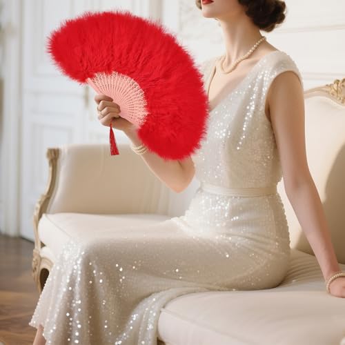 whitefeather Vintage Feather Hand Fan, 17.7 x 11.8 inches, Marabou Feathers, 1920s Style for Costume Parties, Tea Parties - color: Red