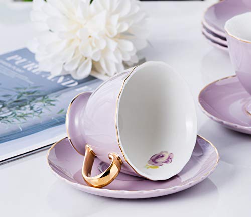 Set of 6 Porcelain Tea Cup and Saucer Set with Golden Handle, Purple - color: Purple