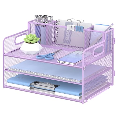 3-Tier Desk Organizer with Pen Holder and Handles, Paper Organizer, Purple - color: Purple
