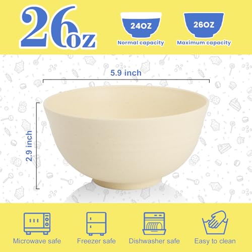 Wheat Straw Bowls Set of 6, 26 OZ Unbreakable Cereal Bowls, Reusable Plastic Bowls for Camping, Dorm, RV, Picnic, Lightweight Salad Soup Bowls, Microwave & Dishwasher Safe, Beige - color: Beige, size: 26 OZ