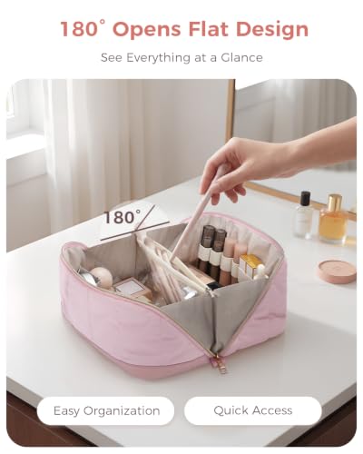 Makeup Bag for Women, Open Flat Puffy Organizer with Wipe-Clean PVC Lining - color: Pink