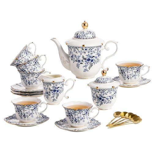 TATSUMI Country Roses Porcelain Tea Set, European Ceramic tea set for adults,Vintage Style, For Women and Tea Parties (BLUE, 21 Pieces Set) - color: Blue, size: 21 Pieces Set