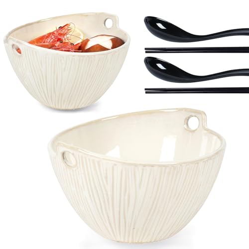 Ceramic Ramen Bowl with Chopsticks,6.7 Inch Noodle Bowls,Pho Bowls and Spoons Set,Japanese Bowl for Pho,Udon,Soba,Noodle,Microwave Safe,Set of 2 (Retro White) - color: Retro White