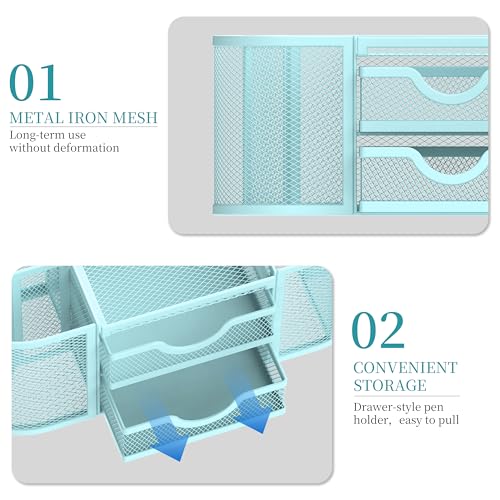SUPEASY Mesh Desk Organizer, Pen Holder for Desk with 2 Drawers, Blue - color: Baby Blue