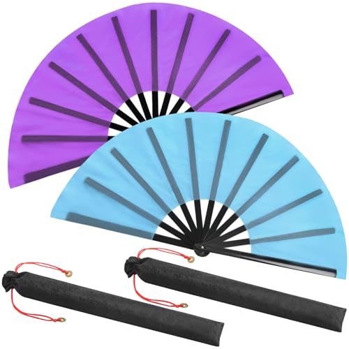 Maitys 2 Packs Large Folding Hand Fans, 13'', Purple and Light Blue - color: Purple and Light Blue