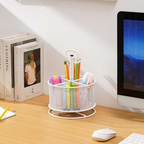Marbrasse Mesh Desk Organizer, 360-Degree Rotating Multi-Functional Pen Holder, 4 Compartments Desktop Stationary Organizer, Home Office Art Supply Storage Box Caddy (White) - color: White