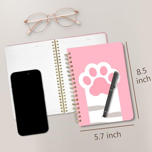Cute Spiral Notebook Journal A5 6x9 Note Book with Pocket, Cat Paw - color: Pink Paw