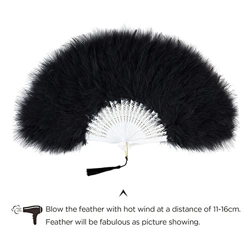 BABEYOND 1920s Marabou Feather Folding Hand Fan - color: Black