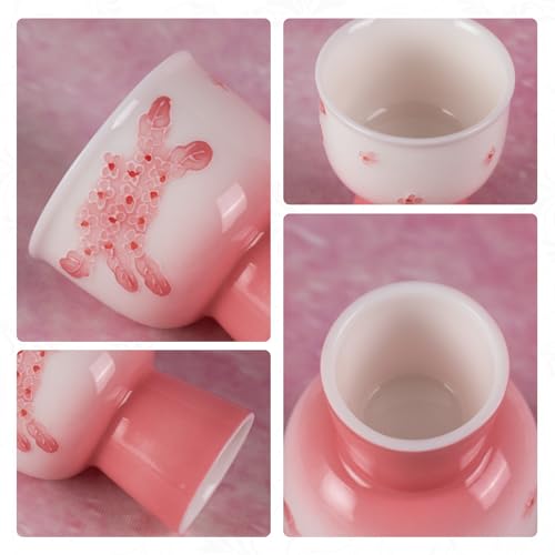 KAMMAK Tea Cup, 2oz Small Tea Cups, Porcelain Tea Cups Set with Short Stem, Cute Ceramic Teacups for Home, Party, Office, Chinese Kungfu Tea Set for Hot/Cold Drink (Pink Pile Flowe) - style: 714N Pink Flower