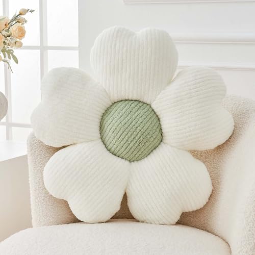 Kcvvcr Flower Throw Pillow, Cute Flower Shaped Pillow Decorative Throw Pillow for Bed Couch, Soft Daisy Pillows Floor Seating Cushion Cushions (14.9 Inch White+Green) - color: White+green, size: 14.9 Inch