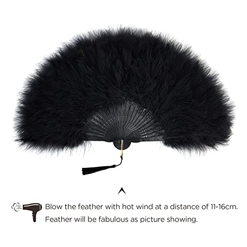 BABEYOND 1920s Marabou Feather Folding Hand Fan - color: Black-black Rib