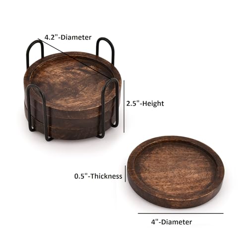 SAMHITA Mango Wood Coasters for Drinks with Iron Holder Stand Set of 4 for Drinking Glasses, Tabletop Protection for Any Table Type