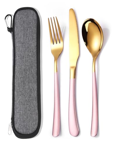 MURRI&MURRDI Travel Stainless Steel Cutlery Set for 1, Reusable Flatware Set with Case, Camping Silverware Set for Work, Knife Fork Spoon Utensil Set 3 Piece (Pink Gold) - color: B- 3 Pink Gold