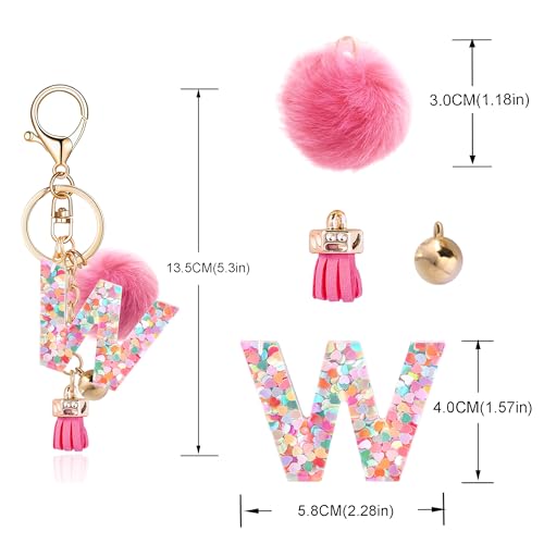 Resin Alphabet Initial Letter Keychain Keyring for Women Purse Handbags With Fur Ball Pom - color: Deep Pink Fur Ball Letter W