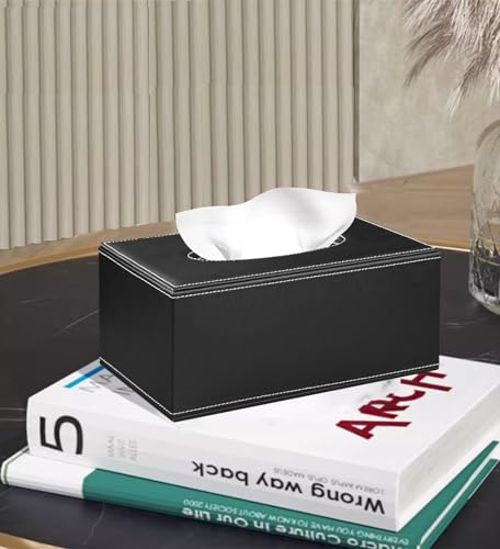 PU Leather Tissue Box Cover Rectangle, Aesthetic Facial Tissue Box Holder - color: Black