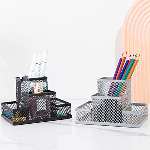 Desk Organizer Desktop Mesh Pen Pencil Holder Caddy with 4 Compartments, Office Home School Classroom Accessories Cool Supplies - color: Black