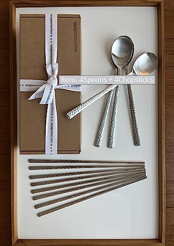 Korean Made Silver Glossy Hammered Stainless Steel Korean Spoon & Chopstick SET Gift for Mom Stocking Stuffer(4SET)