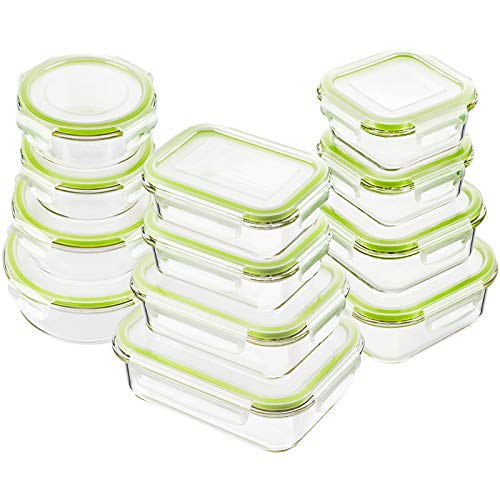 24pc Glass Food Storage Containers, Locking Lids，Glass Meal Prep Containers - color: Green