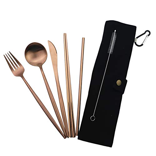 Luxury Rose Gold Matte Portable 18/10 Stainless Steel Travel Flatware Sets of 7 Portable Camping Cutlery Set, Healthy & Eco-Friendly Flatware Set with Carrying Case for Travel or Camping - color: Rose Gold, size: Black Pouch