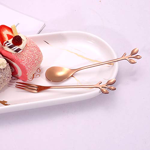 AnSaw 10-Pc Rose Gold Mini Spoons & Forks Set, 4.7" - Leaf Handle - color: Rose Gold