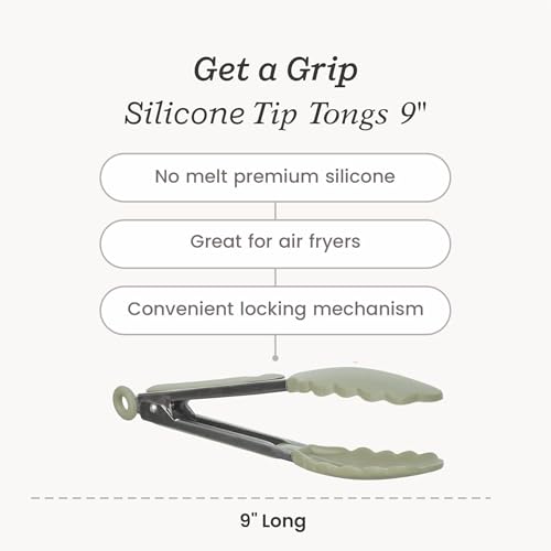 Starpack Get a Grip Silicone Kitchen Tongs (9 Inch) - LFGB Non Toxic, 600°F Heat Resistant, BPA-Free - Heavy-Duty Stainless Steel, Locking - Dishwasher Safe for Nonstick Cookware - color: Sage Green, size: 9" Single