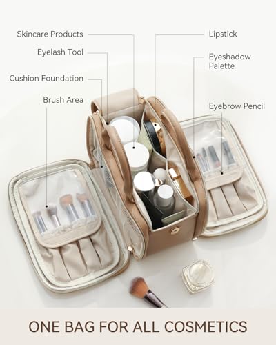 Prite Large Makeup Bag, Waterproof Travel Cosmetic Case with Brush Holder - color: Beige-Brown, size: Large
